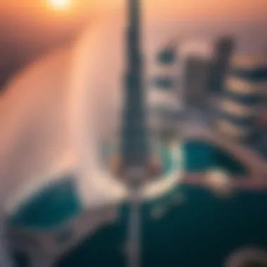 Aerial View of Burj Khalifa and Fountain Spectacle An aerial shot capturing the grandeur of the Burj Khalifa and its fountain show.