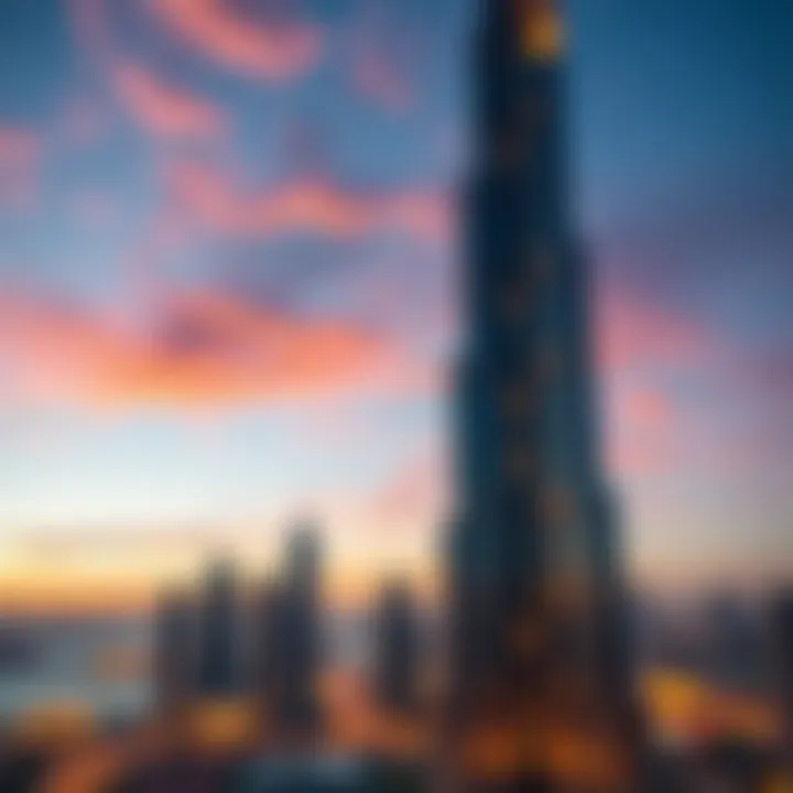 Skyline view showcasing Burj View Tower at sunset