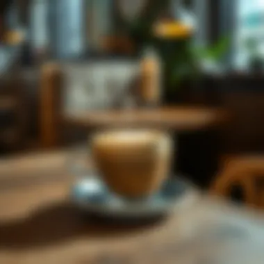 Exquisite Latte Art in a Cozy Setting An aesthetic coffee cup with latte art placed on a rustic wooden table, embodying the café culture.