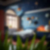 A vibrant and playful boys' bedroom showcasing a space theme with stars and planets.