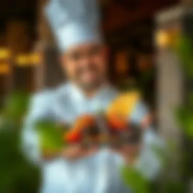 Gourmet Dish Inspired by Culture A chef presenting a gourmet dish inspired by Al Yahr's culture