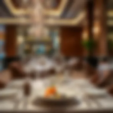 An elegant fine dining setup with exquisite tableware and gourmet dishes at Dubai Hills Mall.