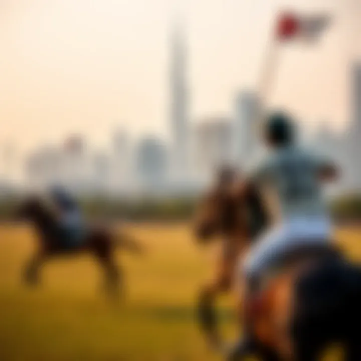 The iconic Dubai skyline in the background of a polo match, illustrating the blend of sport and luxury
