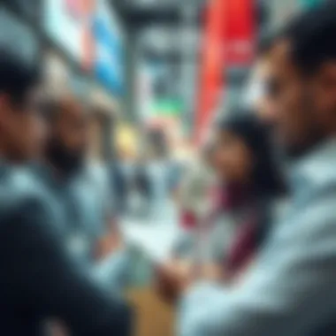Vibrant Real Estate Transactions A bustling real estate market with agents discussing properties