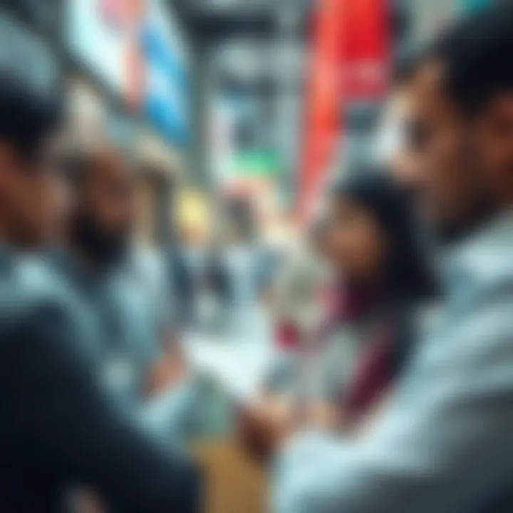 Vibrant Real Estate Transactions A bustling real estate market with agents discussing properties