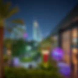 A panoramic view of a 24-hour park in Dubai showcasing lush greenery and vibrant nightlife