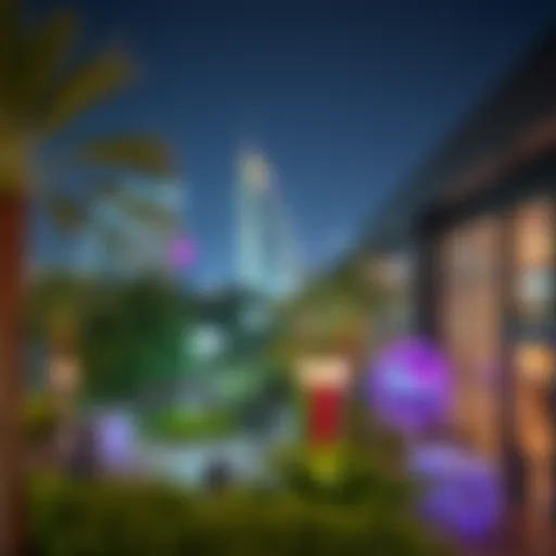 Vibrant Nightlife in Dubai's 24-Hour Parks A panoramic view of a 24-hour park in Dubai showcasing lush greenery and vibrant nightlife