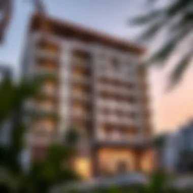 An exterior view of a modern accommodation building in Baniyas Square.