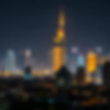 Night View of برج الدار Night view of برج الدار illuminated against the Dubai skyline