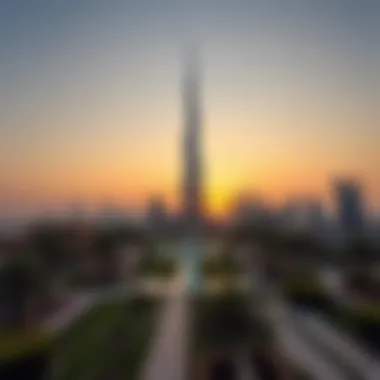 Panorama of Sunset at Burj Park Panoramic sunset at Burj Park highlighting the Burj Khalifa