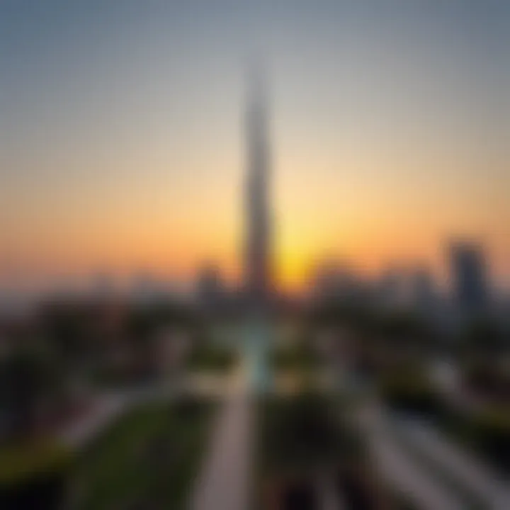 Panorama of Sunset at Burj Park Panoramic sunset at Burj Park highlighting the Burj Khalifa