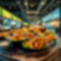 A vibrant display of dishes from various cuisines at Dubai Hills Food Court