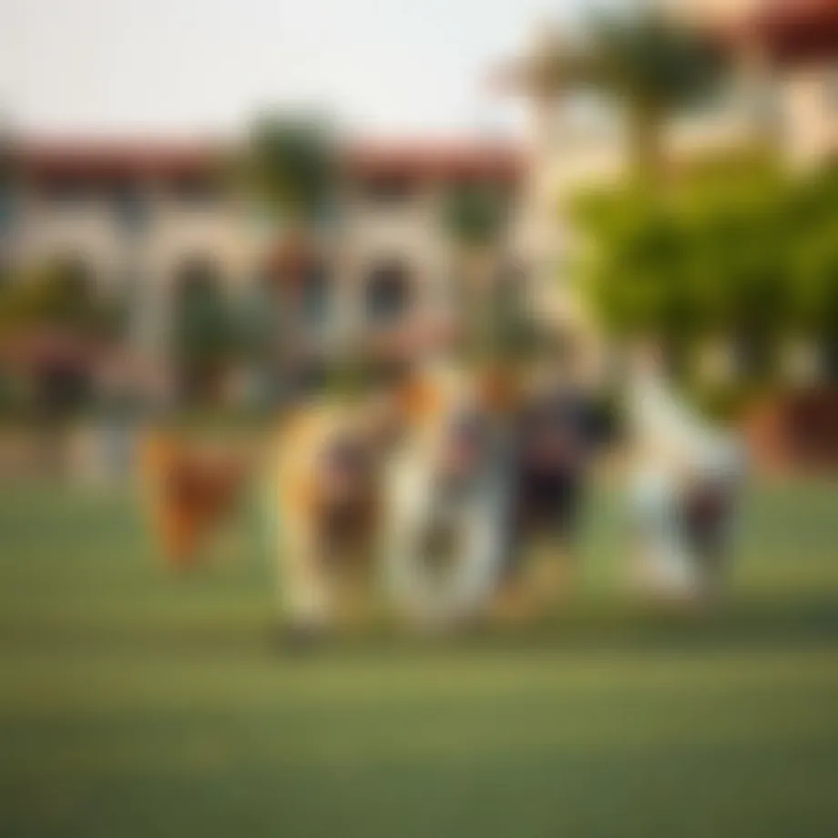 A vibrant dog park in Dubai with happy dogs playing