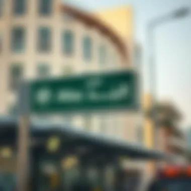 Bus Stop Sign for Abu Dhabi Connection A bus stop sign indicating the route to Abu Dhabi