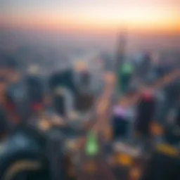 Aerial view of Dubai skyline during a festive celebration