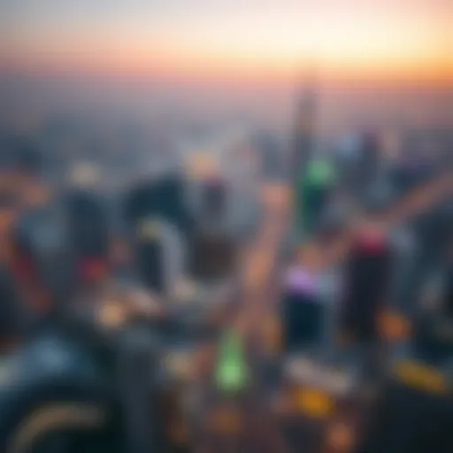 Aerial view of Dubai skyline during a festive celebration