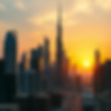 A skyline view of Dubai featuring iconic skyscrapers during sunset
