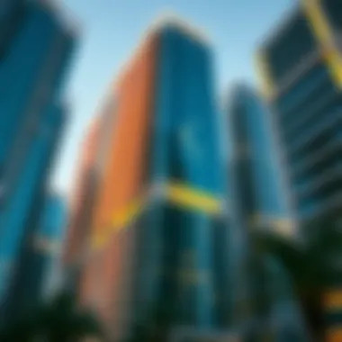 Close-up of the architectural details and modern design of a prominent financial tower in Dubai