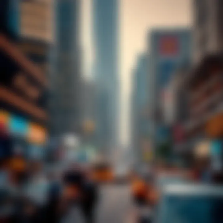 A bustling business district surrounding the financial towers, depicting the economic activity in Dubai