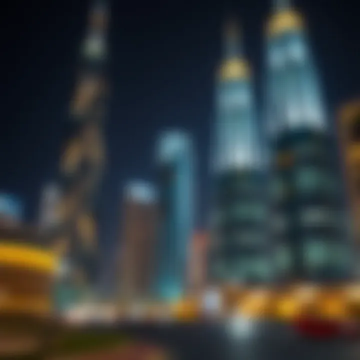 A night view of Dubai's financial towers illuminated, reflecting the vibrant urban life
