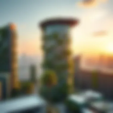 Cityscape with Garden Towers Enhancing Urban Aesthetics A cityscape featuring multiple garden towers enhancing urban aesthetics