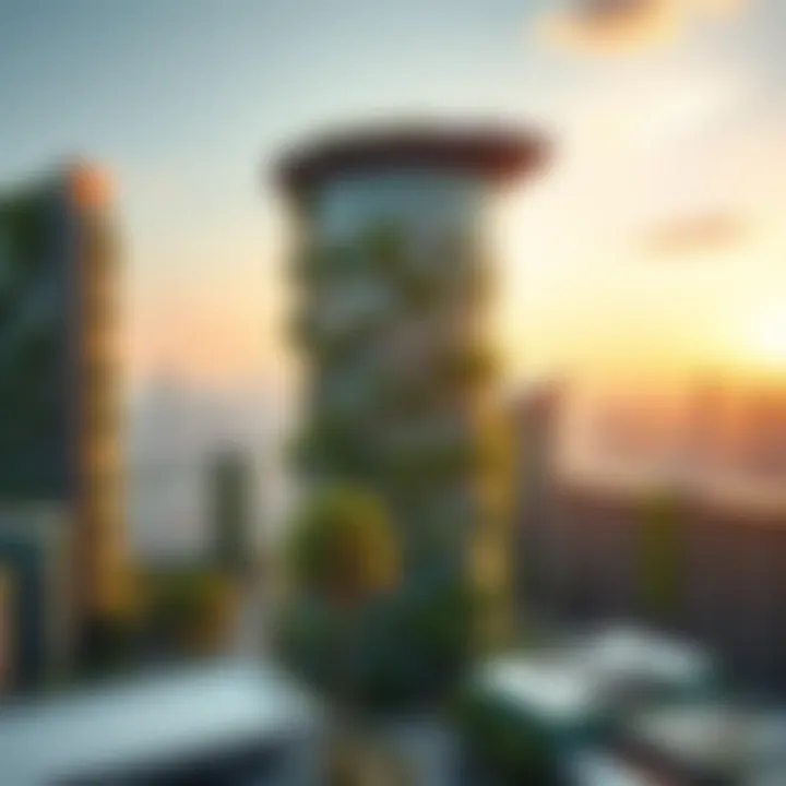 Cityscape with Garden Towers Enhancing Urban Aesthetics A cityscape featuring multiple garden towers enhancing urban aesthetics