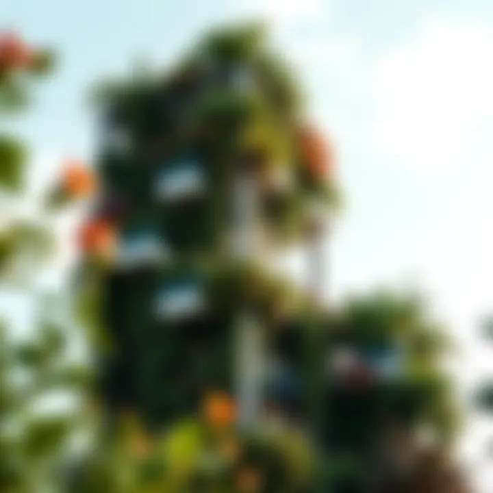 Modern Garden Tower with Vertical Plant Growth A modern garden tower showcasing vertical plant growth with diverse foliage