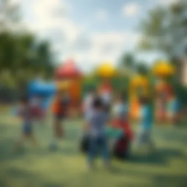 A vibrant playground filled with children engaging in various outdoor activities