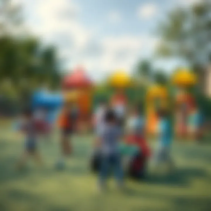 A vibrant playground filled with children engaging in various outdoor activities