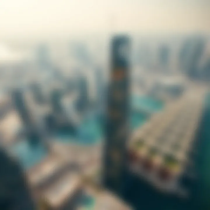 Location of Merano Tower in Dubai Aerial view of Dubai highlighting the location of Merano Tower