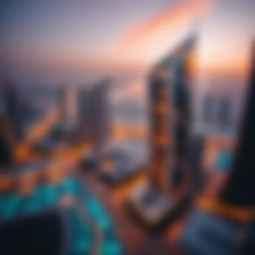 Stunning view of Merano Tower against the Dubai skyline
