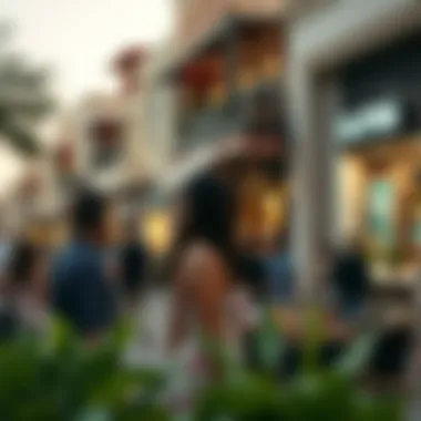 Vibrant Community Life in Exclusive Areas A vibrant community gathering in a posh district, featuring exclusive shops and dining options