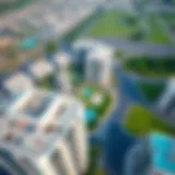 Aerial view of Al Warqa showcasing modern apartment buildings and green spaces