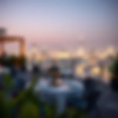 Elegant Ambiance Elegant rooftop dining setup with city lights at night