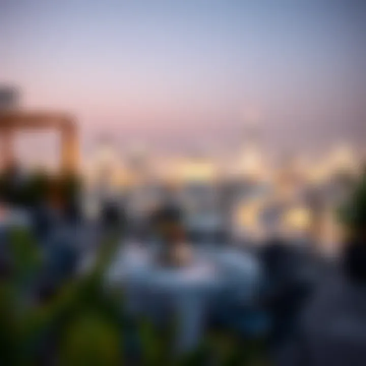 Elegant Ambiance Elegant rooftop dining setup with city lights at night