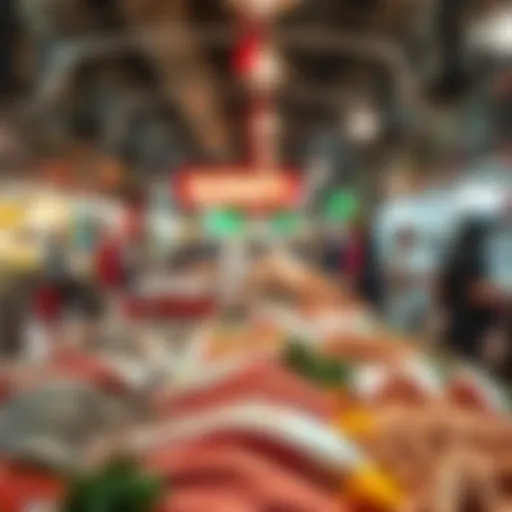 A bustling scene at Souq Al Mina showcasing the vibrant displays of fresh seafood