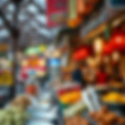Vibrant market stalls showcasing traditional delicacies