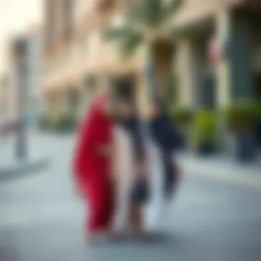 Cultural representation of abayas in a modern urban setting