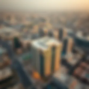 Aerial view of the Al Awaqf Building in the context of Dubai's urban landscape
