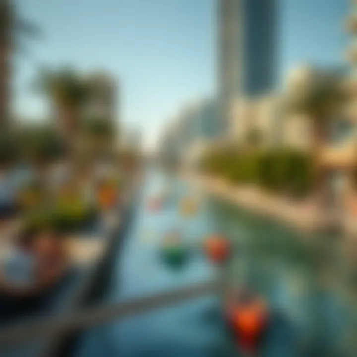 People enjoying leisure activities by the creek in a vibrant community setting