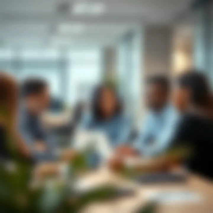 An office environment with professionals engaged in a meeting