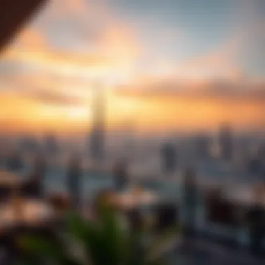 Dubai Skyline at Sunset from Rooftop Dining A breathtaking view of Dubai's skyline from a rooftop restaurant during sunset
