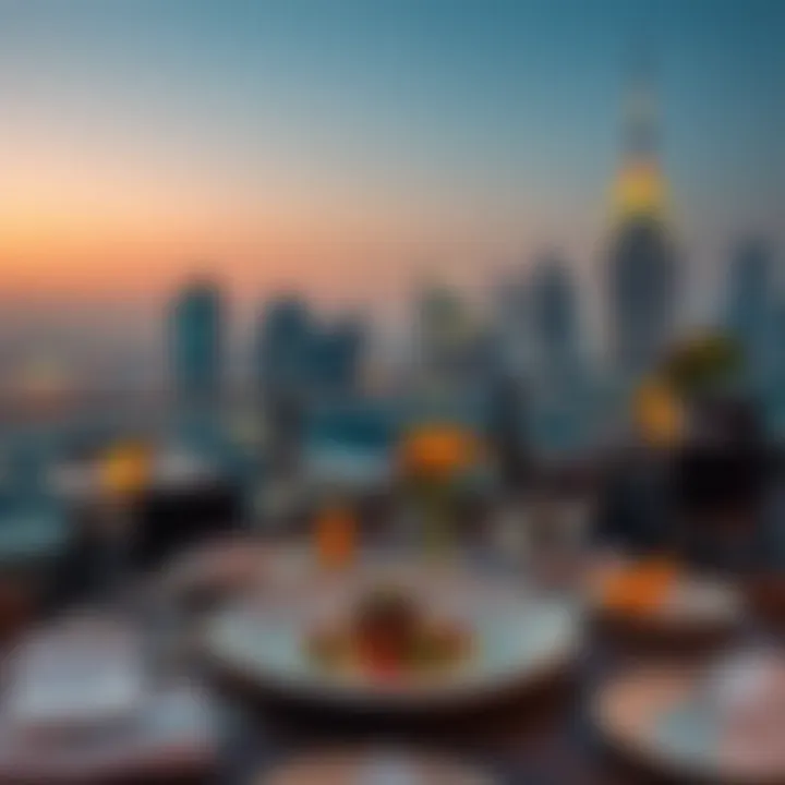 Gourmet Rooftop Dining Experience Elegant rooftop dining setup with gourmet dishes and stunning city backdrop