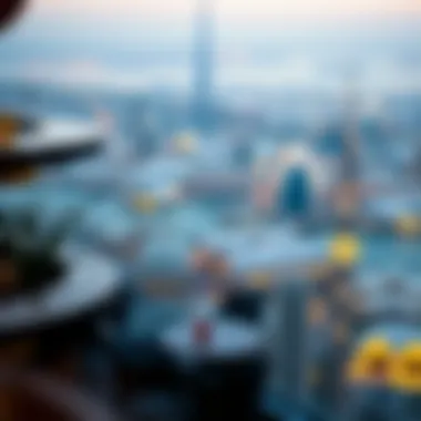 Panoramic View of Dubai's Iconic Landmarks A panoramic view of Dubai's iconic landmarks visible from a rooftop restaurant