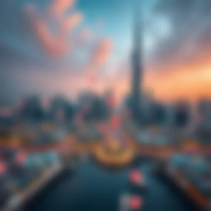 Iconic Dubai Skyline with Restaurant Locations A panoramic view of iconic Dubai skyline with restaurant locations marked