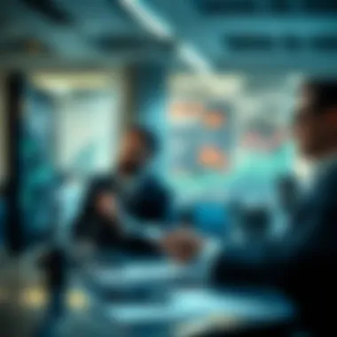 Investors analyzing market trends and opportunities in a high-tech environment