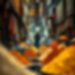 Bustling traditional market scene showcasing vibrant textiles and spices