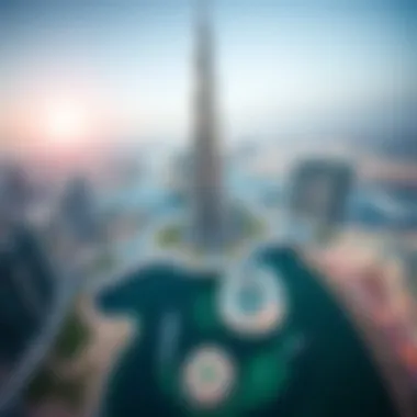 Burj Khalifa and Dubai Fountain from Above Aerial shot of Burj Khalifa with the Dubai Fountain