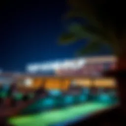 A stunning view of Topgolf Dubai illuminated at night