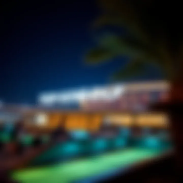 A stunning view of Topgolf Dubai illuminated at night